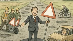 Witz: Regierung spart, Schild „unebene Fahrbahn“ weg